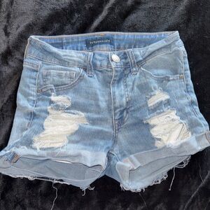 Aeropostale Light Blue Distressed High-Waist Midi Jean Shorts